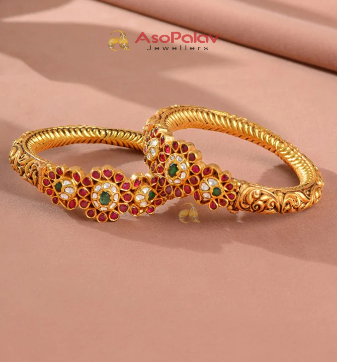 22K Floral Motif Gold Kada with Pink Ruby Pota | Asopalav Jewellers